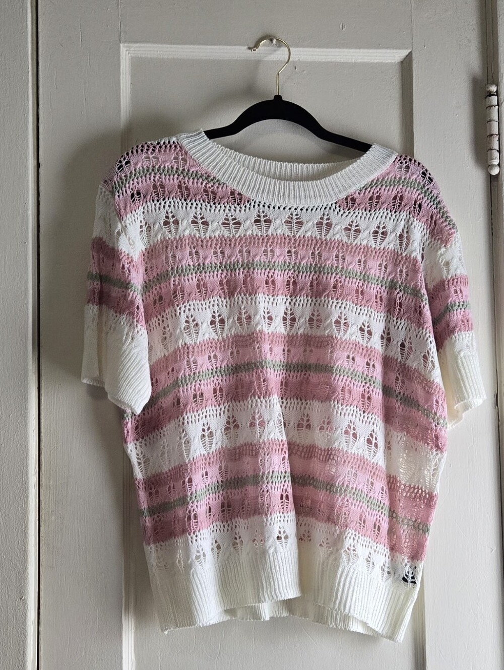 SHEIN White & Pink Open-Knit Short Sleeve Crew Sweater